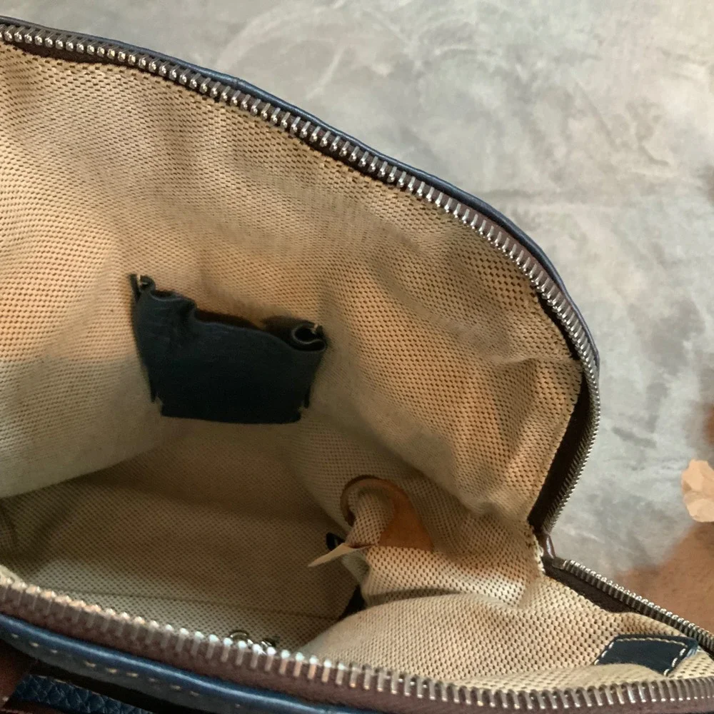 Dooney & Bourke Pebbled Leather Backpack Slate Blue Brown Trim Dome Bag